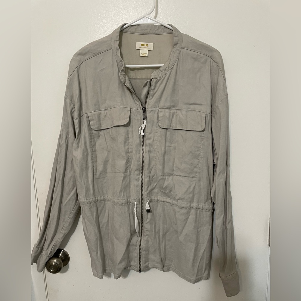 Maeve by Anthropologie oatmeal full zip long Sleeve Cinch waist Linen Shacket XL